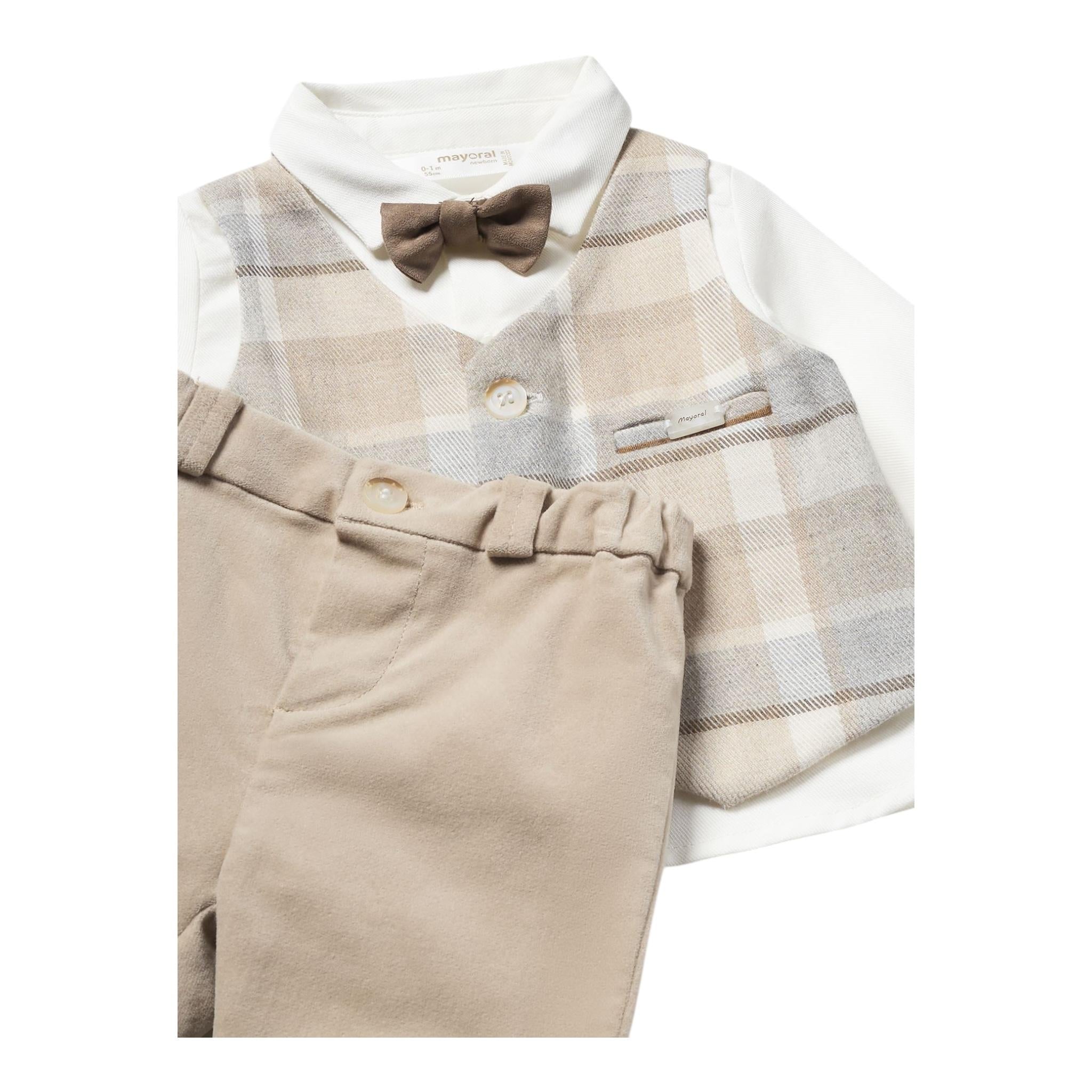 MAYORAL completo 3 pezzi camicia con finto gilet-pantalone-papillon Beige per Neonato 2527 BEIGE MAYORAL