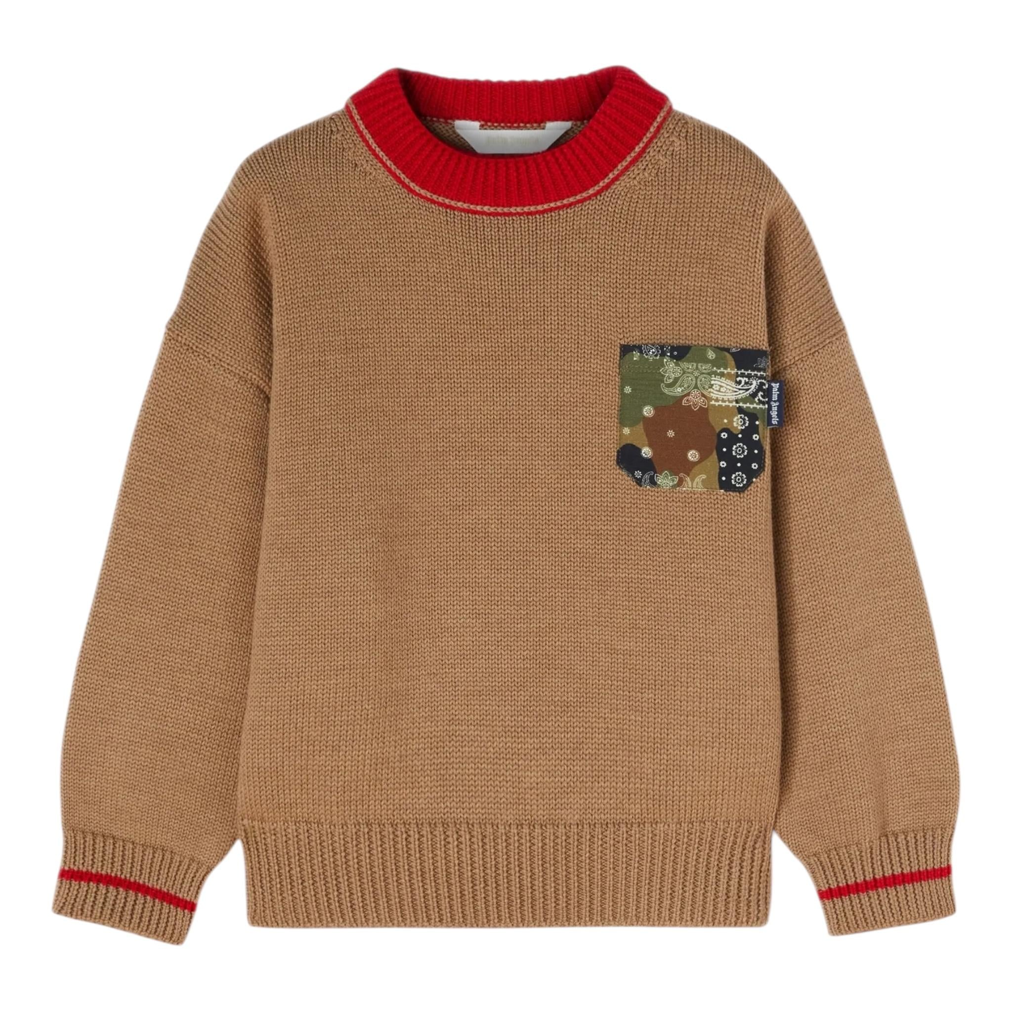 PALM ANGELS maglia girocollo tinta unita con ricami e taschino Cammello per Bambino PBHE001F23 CAMMELLO PALM ANGELS