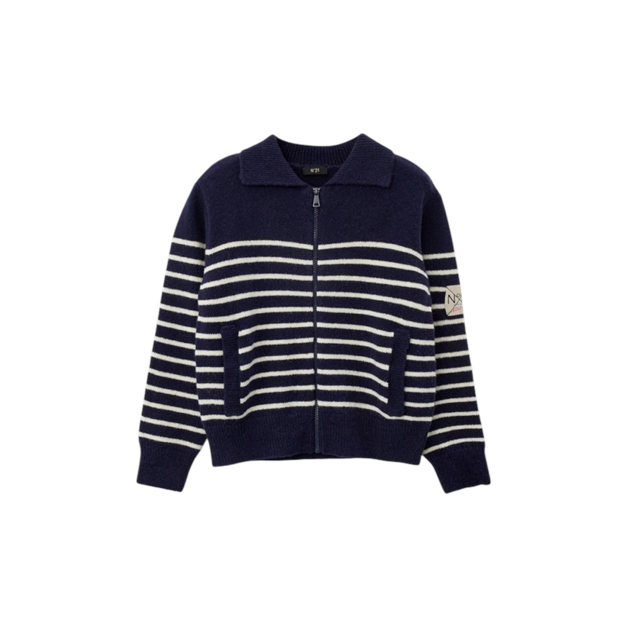 N°21 maglia tinta unita con zip e fantasia a righe Blu per Bambino N21951 BLU N°21