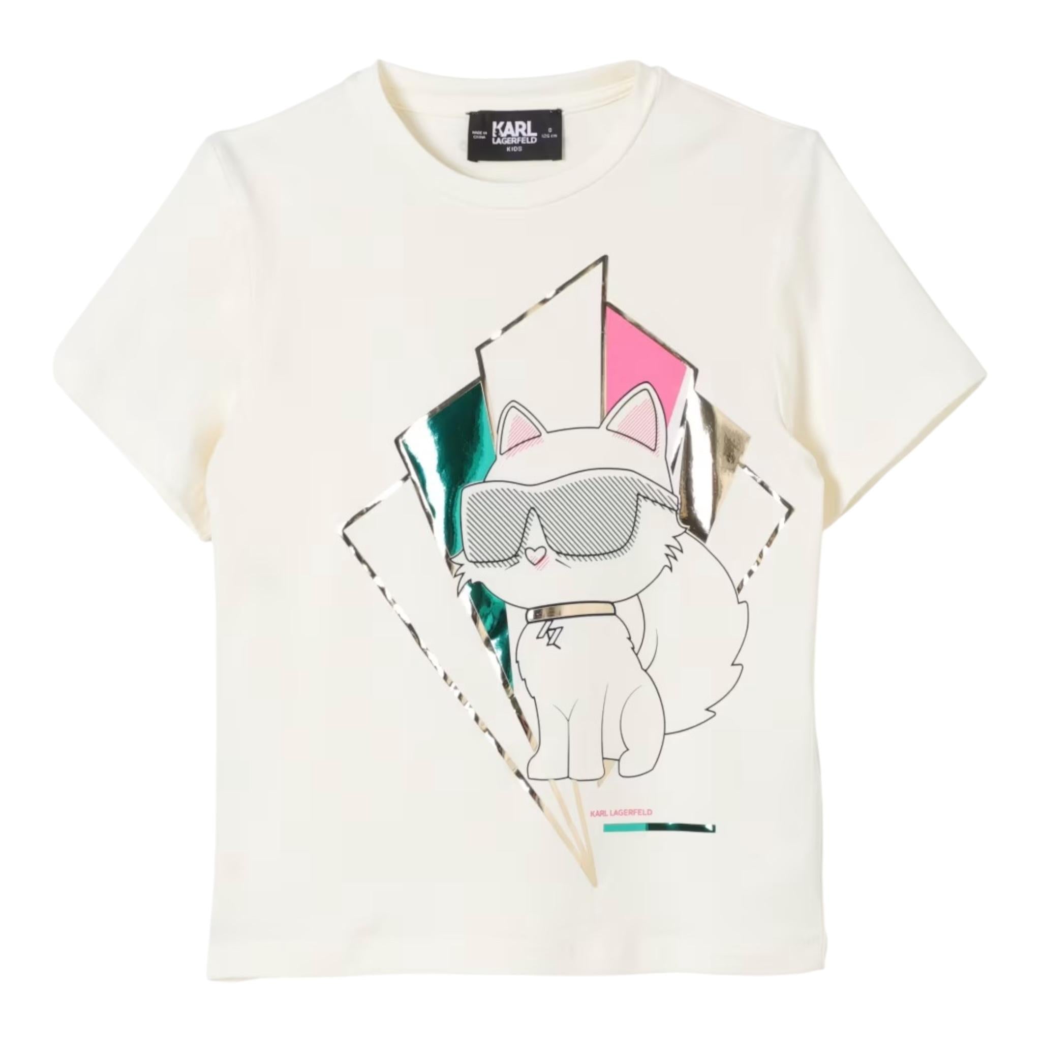 KARL LAGERFELD t-shirt girocollo tinta unita con stampa in contradt Panna per Bambina Z30184 PANNA KARL LAGERFELD