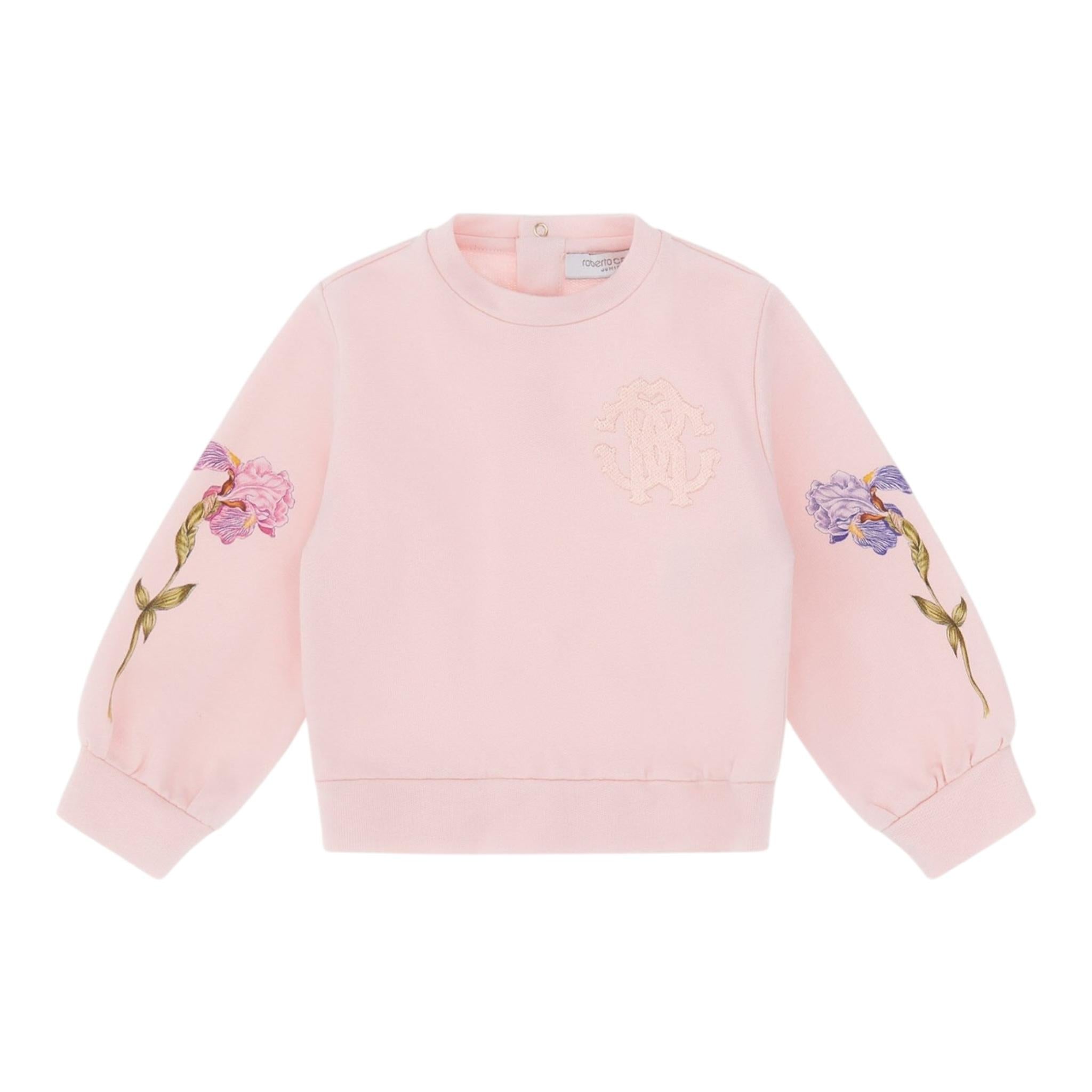 ROBERTO CAVALLI felpa chiusa girocollo tinta unita con stampa in contrasto Rosa per Neonata TJT661 ROSA ROBERTO CAVALLI