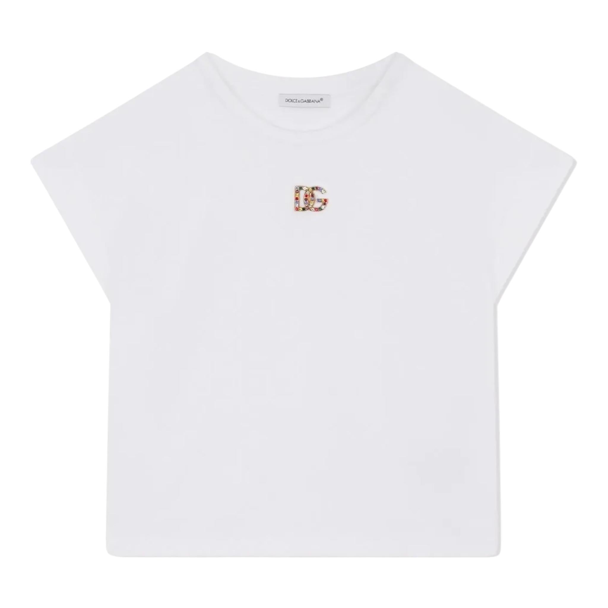 DOLCE & GABBANA t-shirt girocollo tinta unita con applicazione Bianco per Bambina L5JTID BIANCO DOLCE & GABBANA