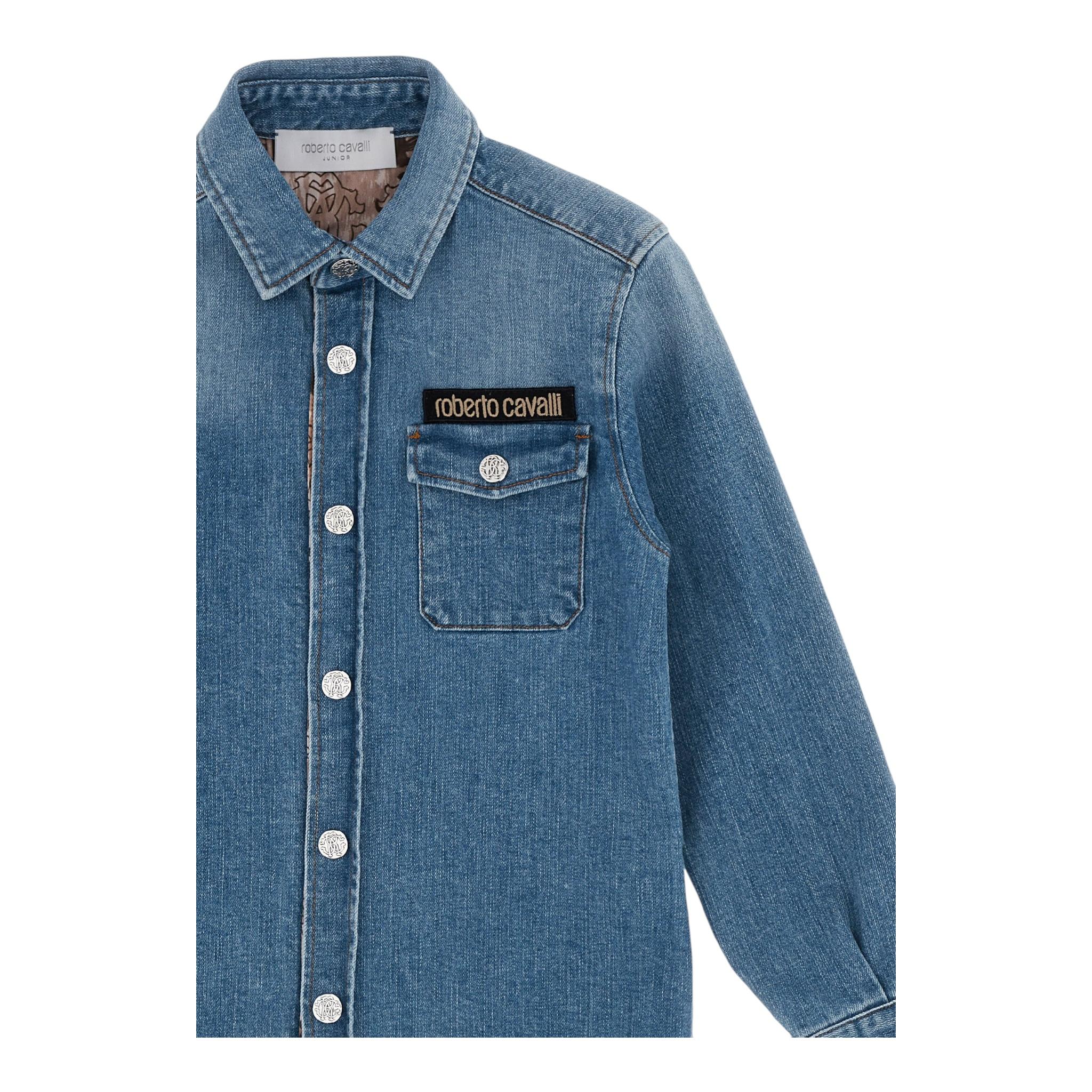 ROBERTO CAVALLI camicia manica lunga in denim tinta unita con taschino e logo Azzurro per Bambino TJJ70B AZZURRO ROBERTO CAVALLI