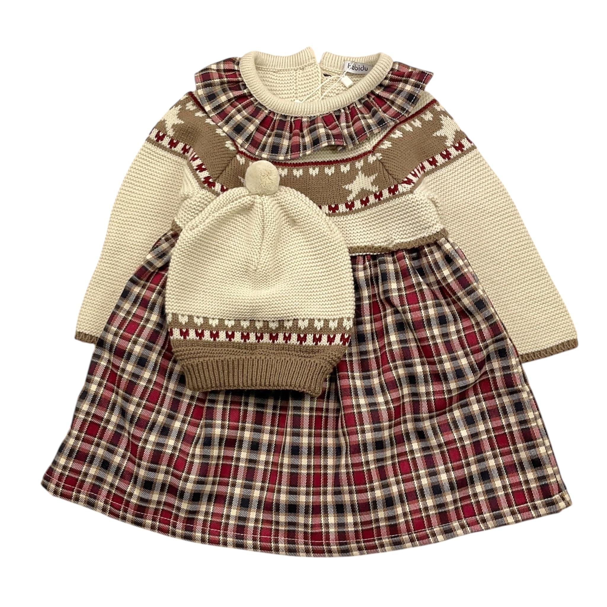 BABIDU set abito in maglia con fantasia a scacchi-cappello Beige per Neonata 91762 BEIGE BABIDU
