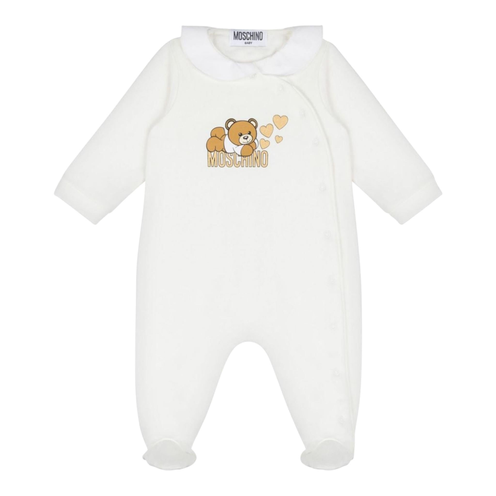 MOSCHINO tutina tinta unita con stampa orso Bianco per Neonata MDT018LCA BIANCO MOSCHINO