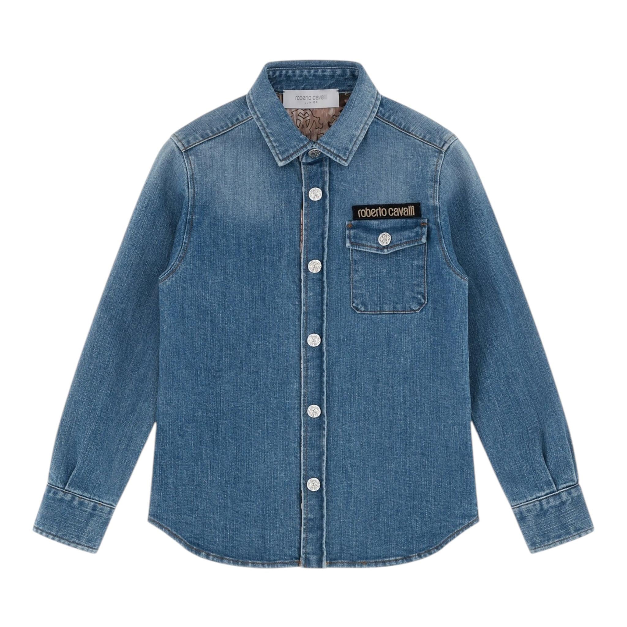 ROBERTO CAVALLI camicia manica lunga in denim tinta unita con taschino e logo Azzurro per Bambino TJJ70B AZZURRO ROBERTO CAVALLI