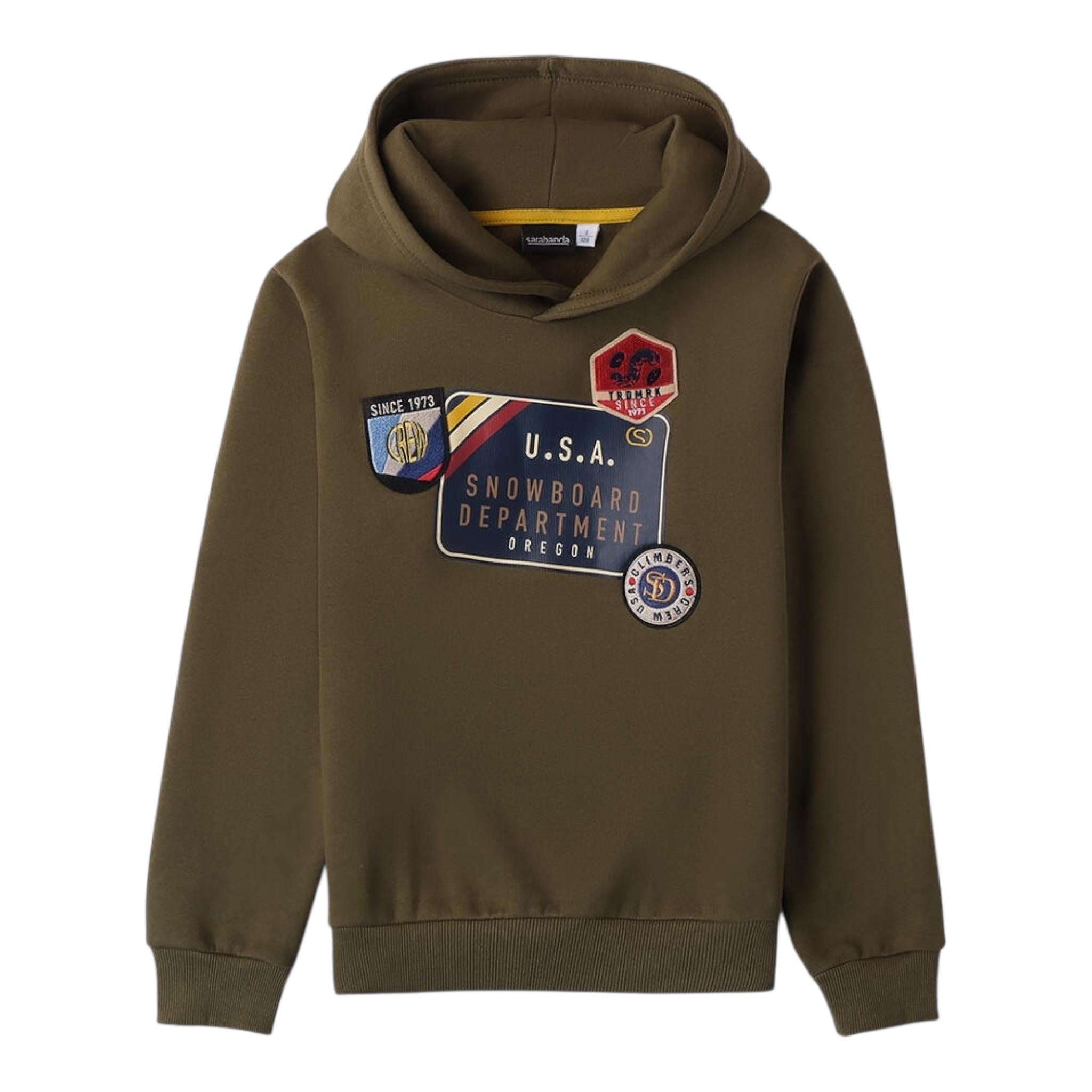 SARABANDA felpa chiusa con cappuccio tinta unita con stamap in contrasto Verde per Bambino 0A524 VERDE SARABANDA
