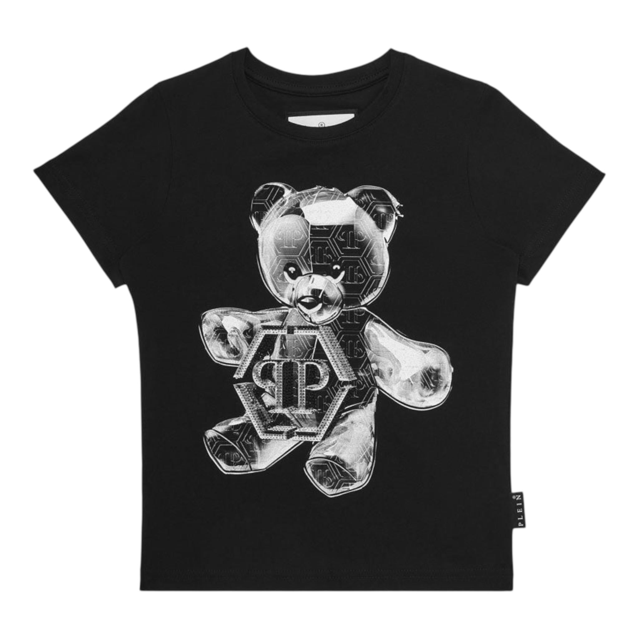 PHILIPPE PLEIN t-shirt girocollo tinta unita con stampa logo Nero per Bambino BTK1259 NERO PHILIPPE PLEIN