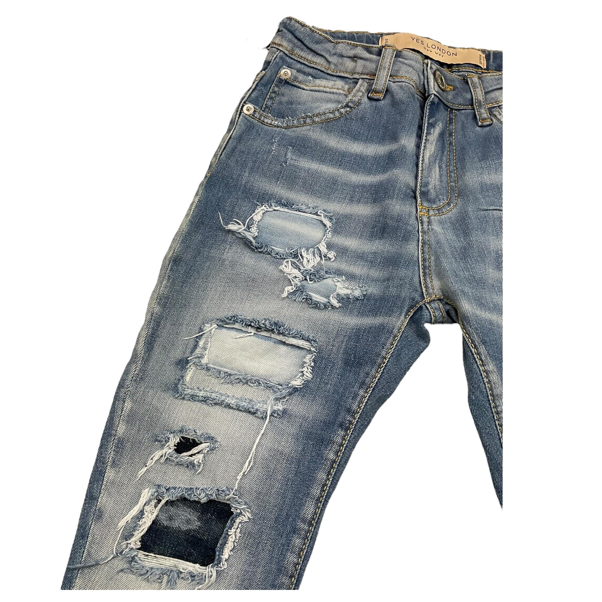 YES LONDON jeans tinta unita con girovita regolabile e strappi Azzurro per Bambino JR1083J AZZURRO YES LONDON
