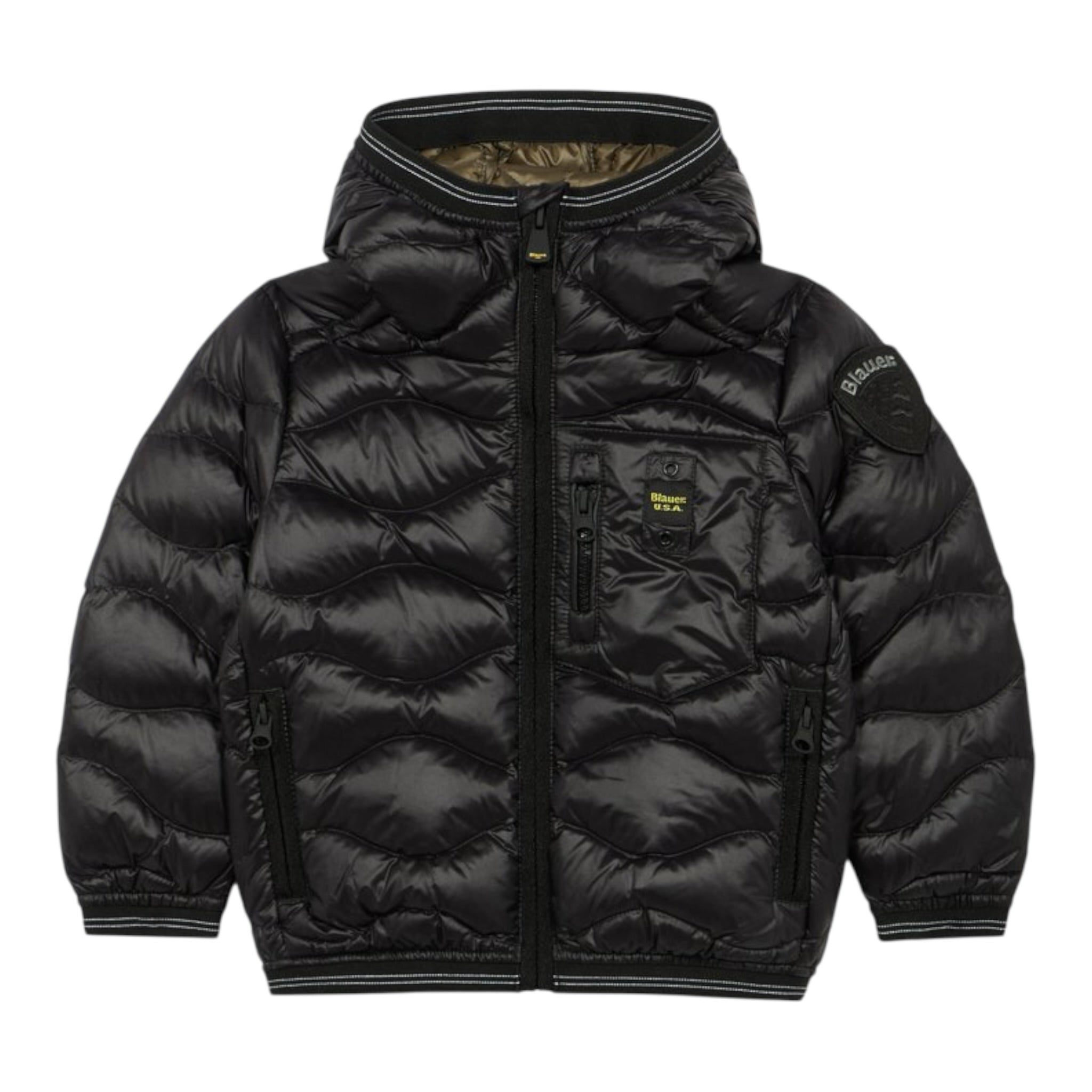 Blauer Giubbino tinta unita con Zip E Cappuccio Nero per Bambino 25WBLKC02429 NERO BLAUER 