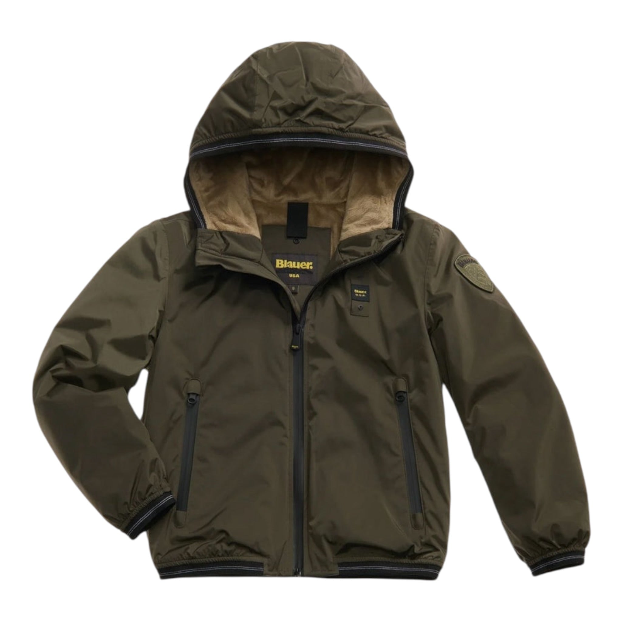 Blauer Giubbino tinta unita con Zip E Cappuccio Verde per Bambino 25WBLKC11416 VERDE BLAUER 