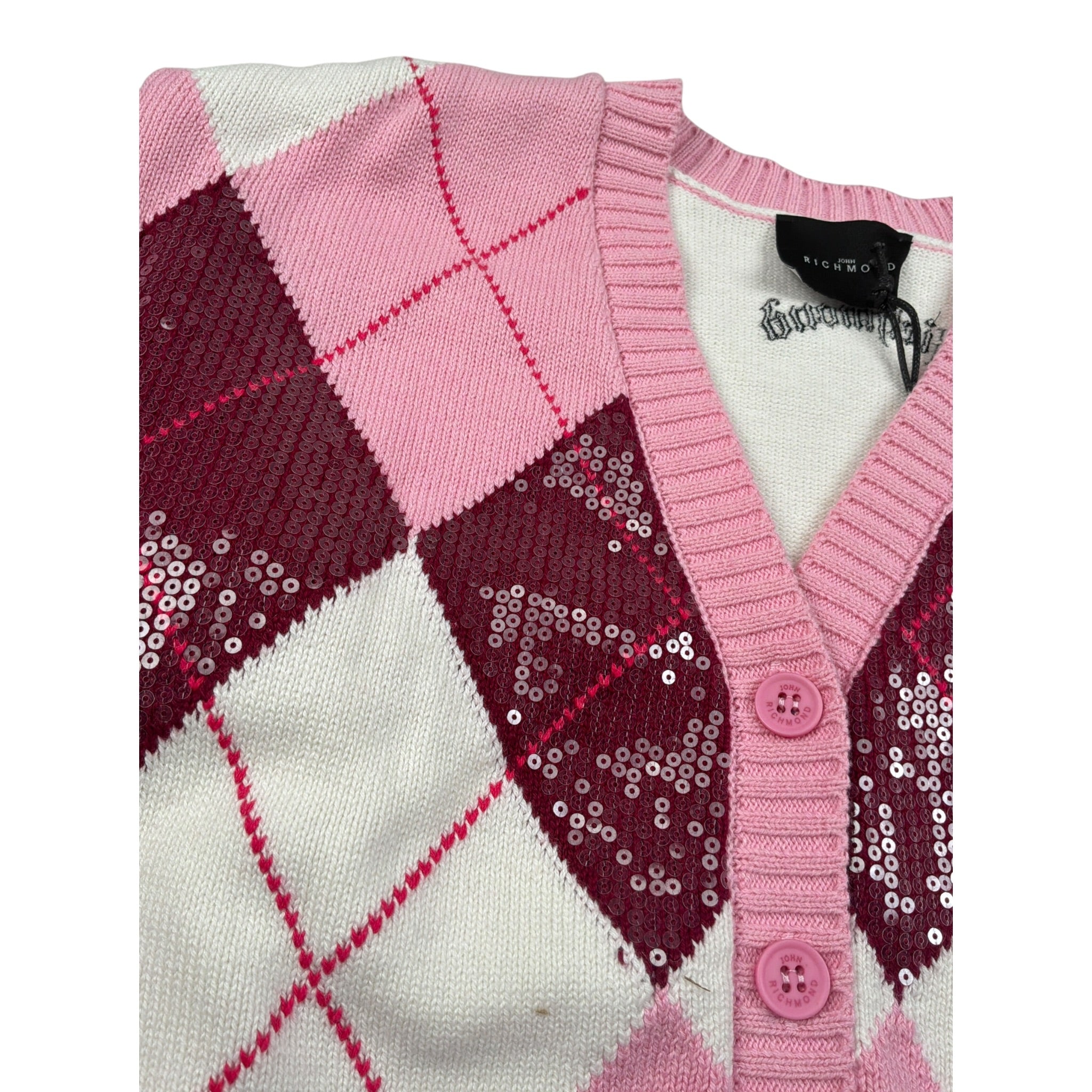 John Richmond Cardigan Stampa Fantasia Rombi Rosa/Bianco per Bambina RGA26129CD ROSA/BIANCO JOHN RICHMOND 