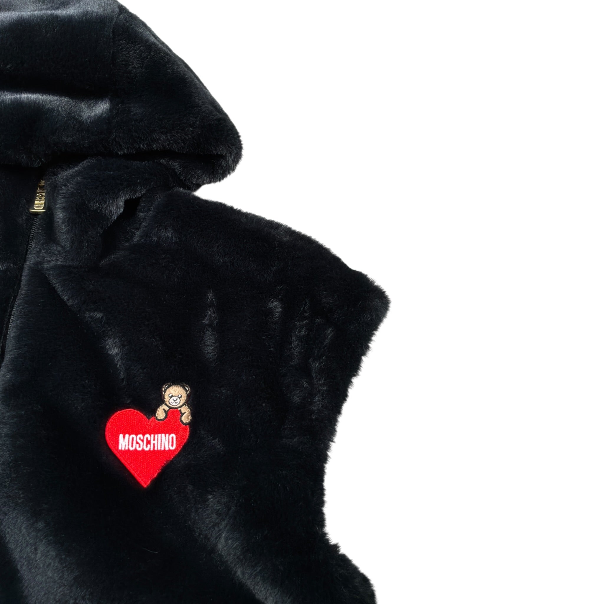 Moschino Pelliccia Smanicata tinta unita con Cappuccio Nero per Bambina HDS059 NERO MOSCHINO 