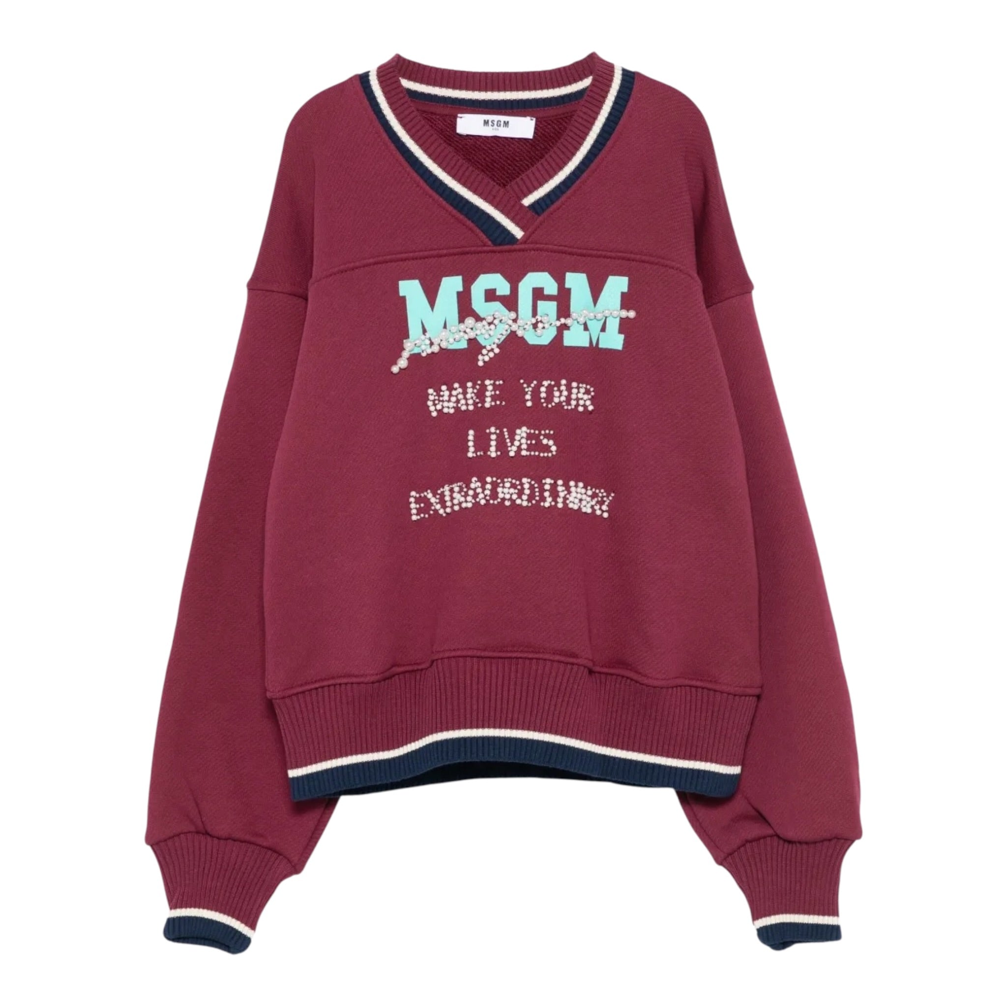 Msgm Felpa tinta unita con Scollo A V E Stampa Bordeaux per Bambina F5MSJGSW124 BORDEAUX MSGM 