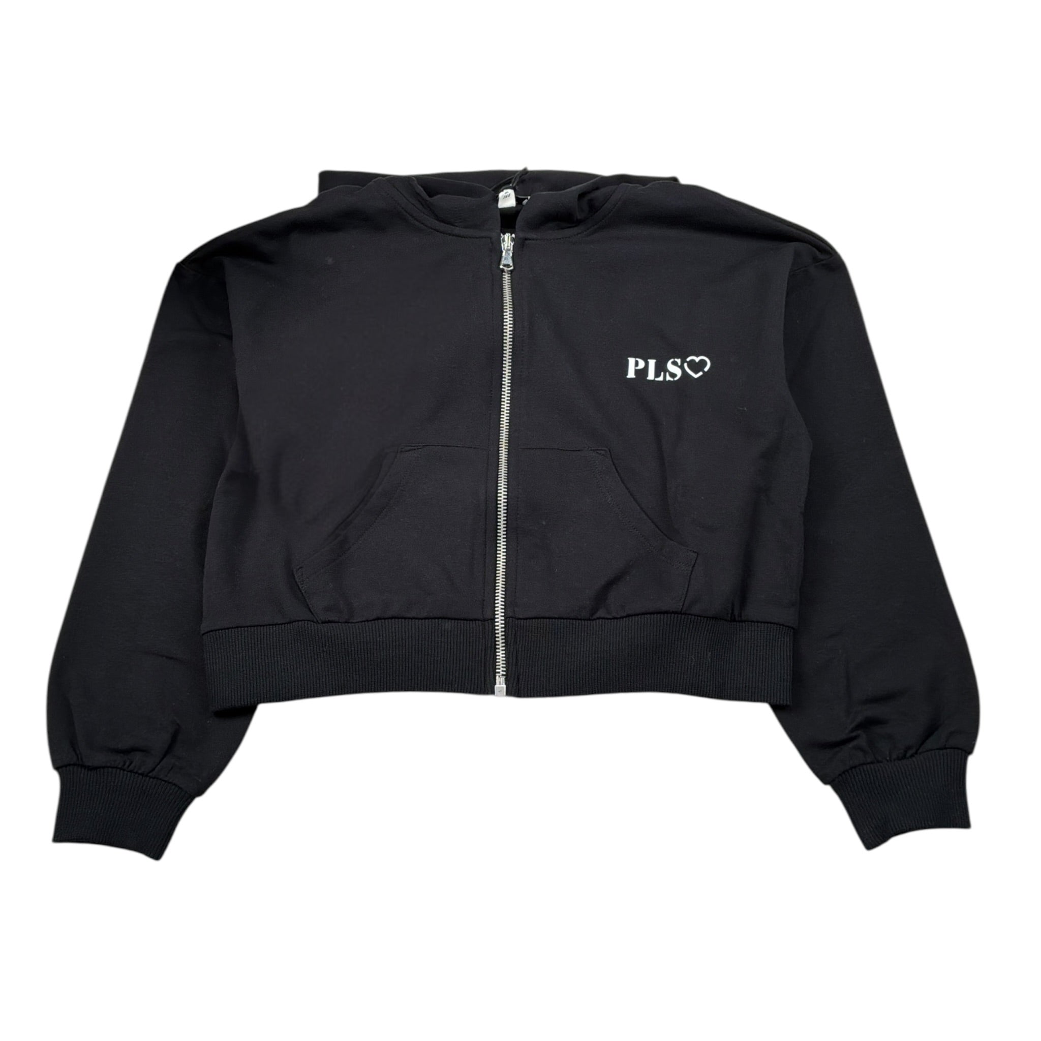 Please Felpa tinta unita con Cappuccio E Zip Nero per Bambina LK20042G72 NERO PLEASE 