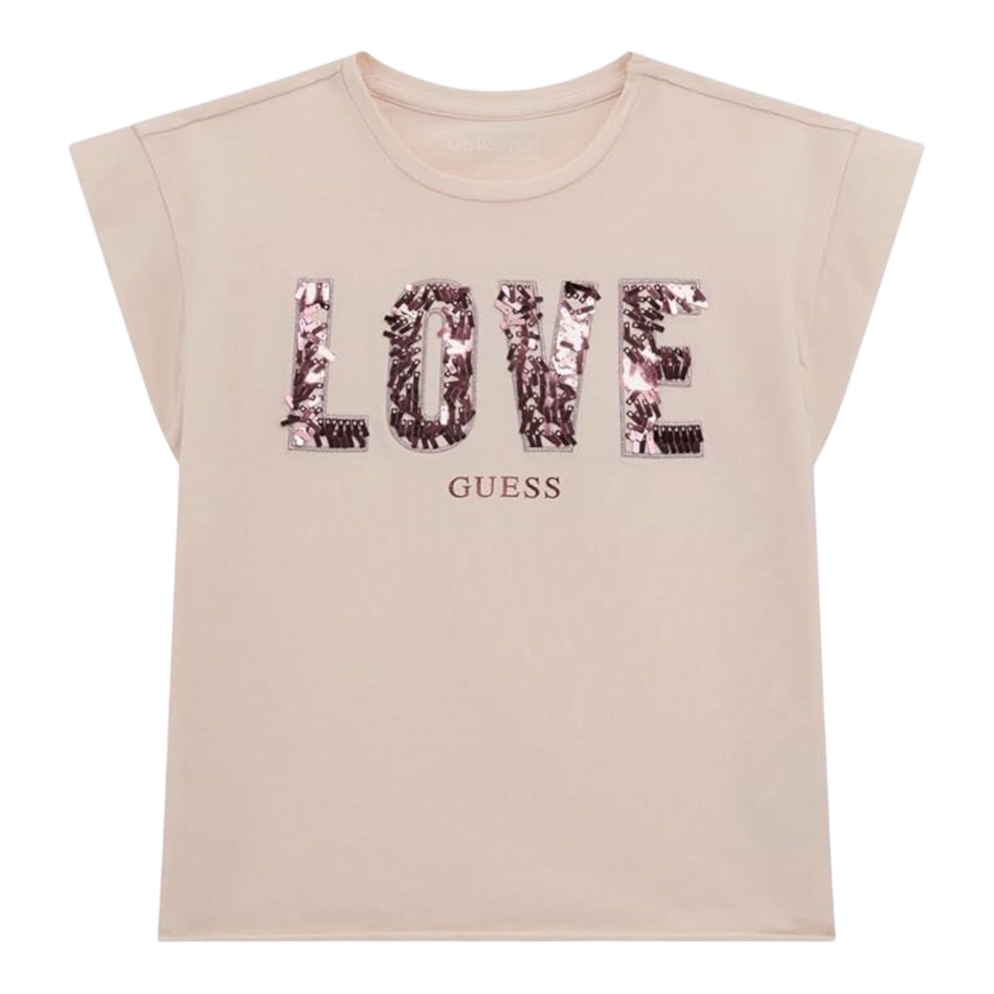 Guess T-Shirt Tinta Unita Girocollo con Paillettes per Bambina J5RI37K05 ROSA GUESS 
