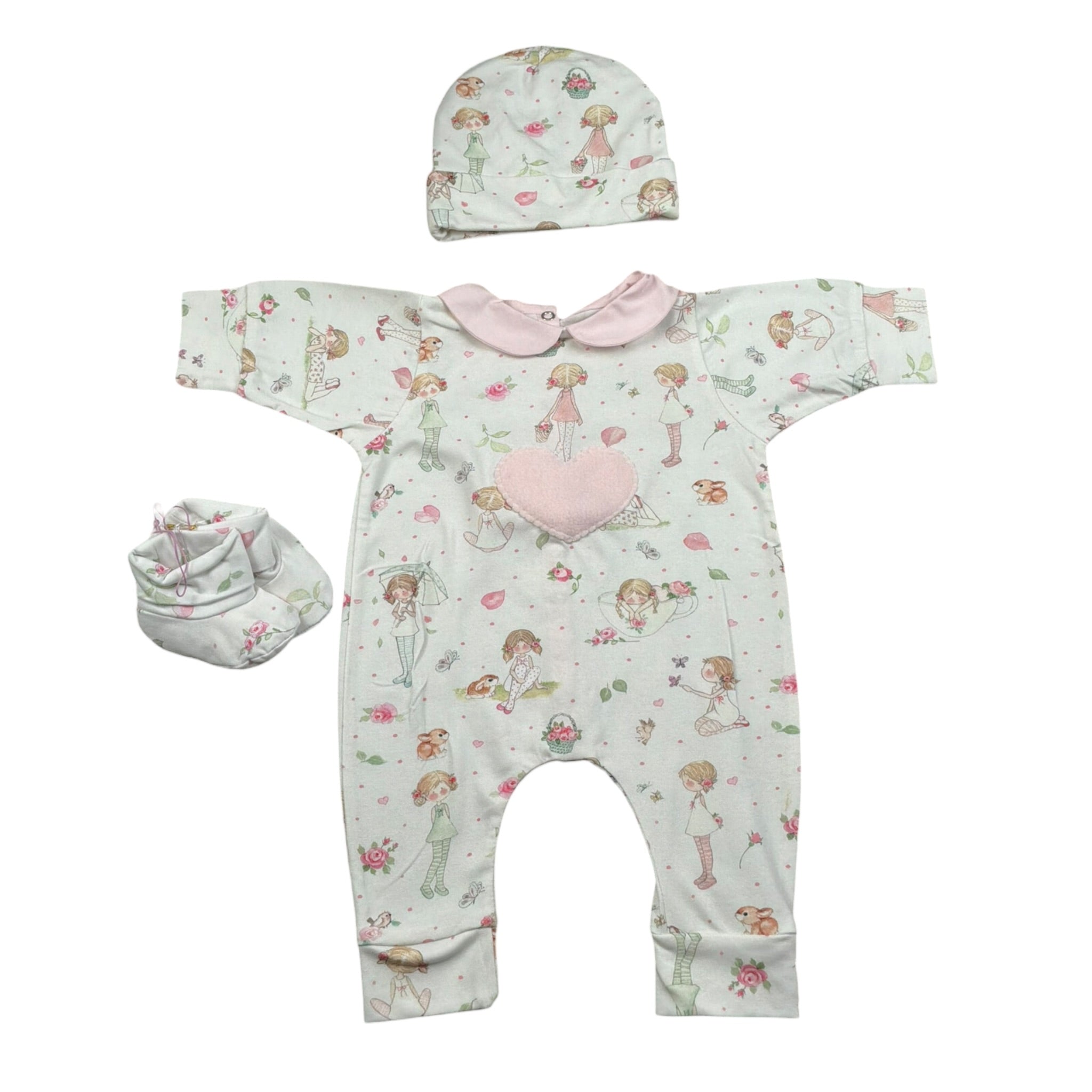 Le Piccoline Del Cuore Completo 3 Pezzi Pagliaccetto-Cappello-Babbucce per Neonata EOEO BIANCO LE PICCOLINE DEL CUORE 