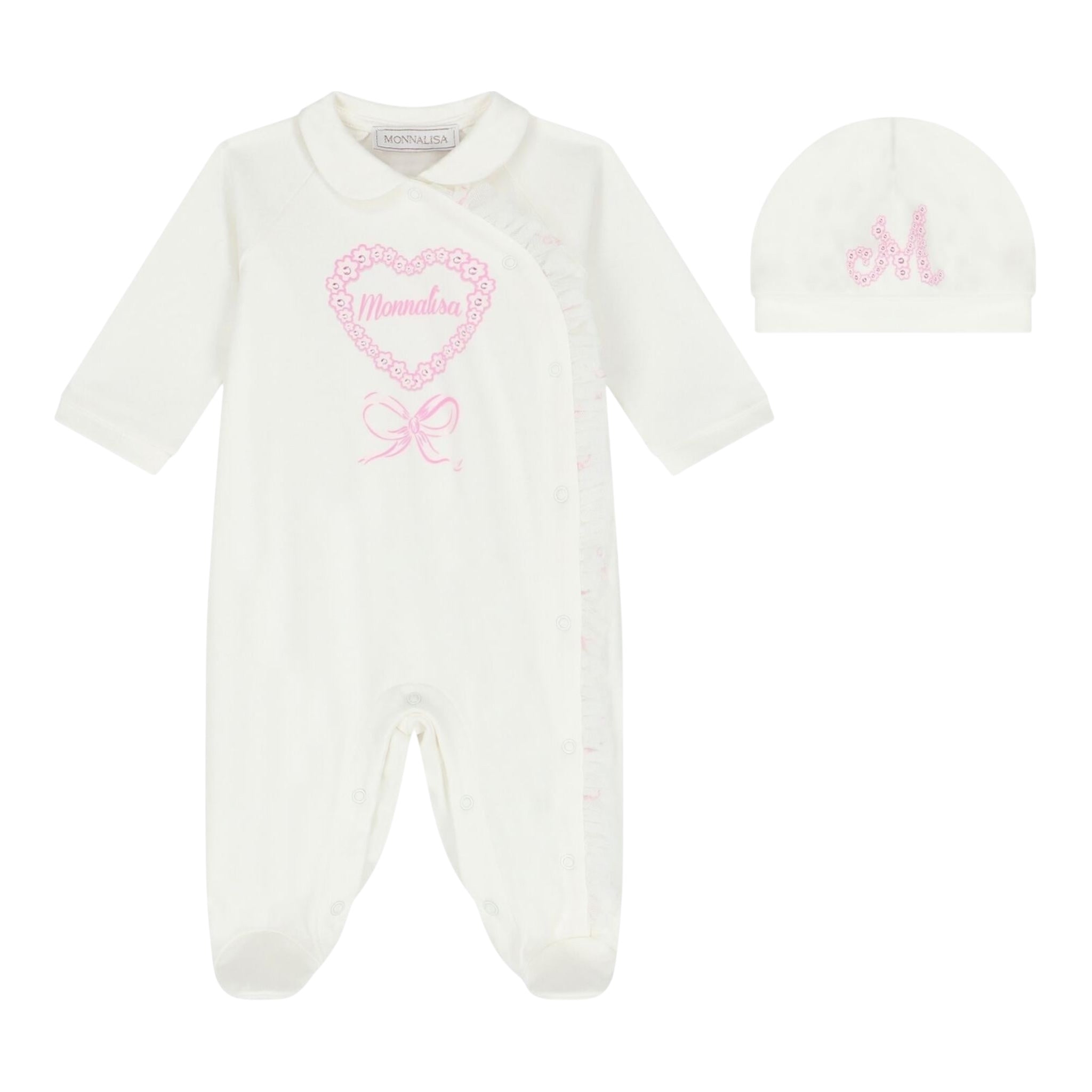 Monnalisa Set Tutina-Cappello Tinta Unita con Stampa per Neonata 35D502 PANNA MONNALISA 