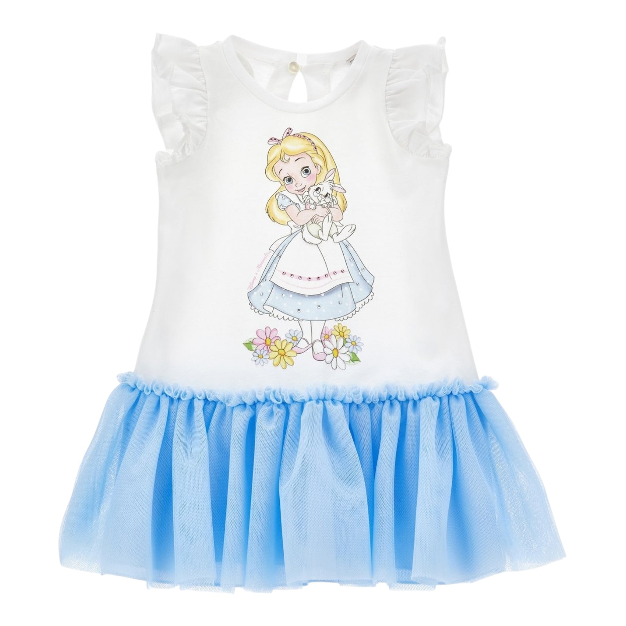 Monnalisa Abito Mezza Manica Tinta Unita con Gonna Tulle per Neonata 39E905 BIANCO/AZZURRO MONNALISA 