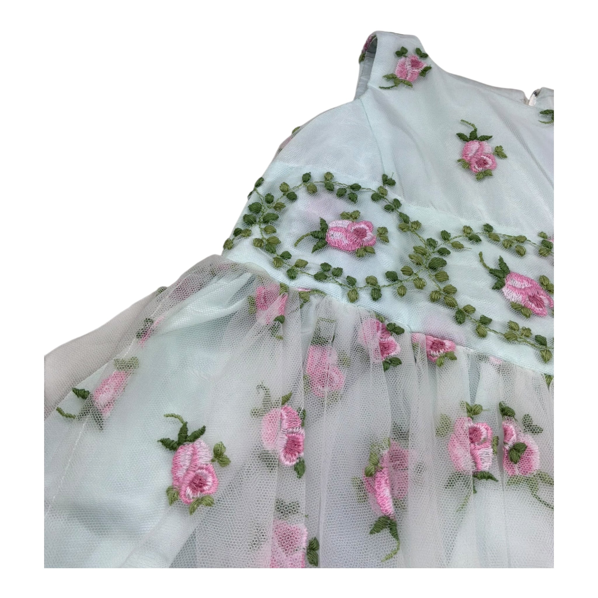 Monnalisa Abito Giromanica Tinta Unita In Tulle con Ricami Rose per Bambina 713906 VERDE ACQUA MONNALISA 