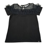 Please T-Shirt tinta unita con Trasparenze Nero per Bambina MB15032G62 NERO PLEASE 
