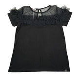 Please T-Shirt tinta unita con Trasparenze Nero per Bambina MB15032G62 NERO PLEASE 