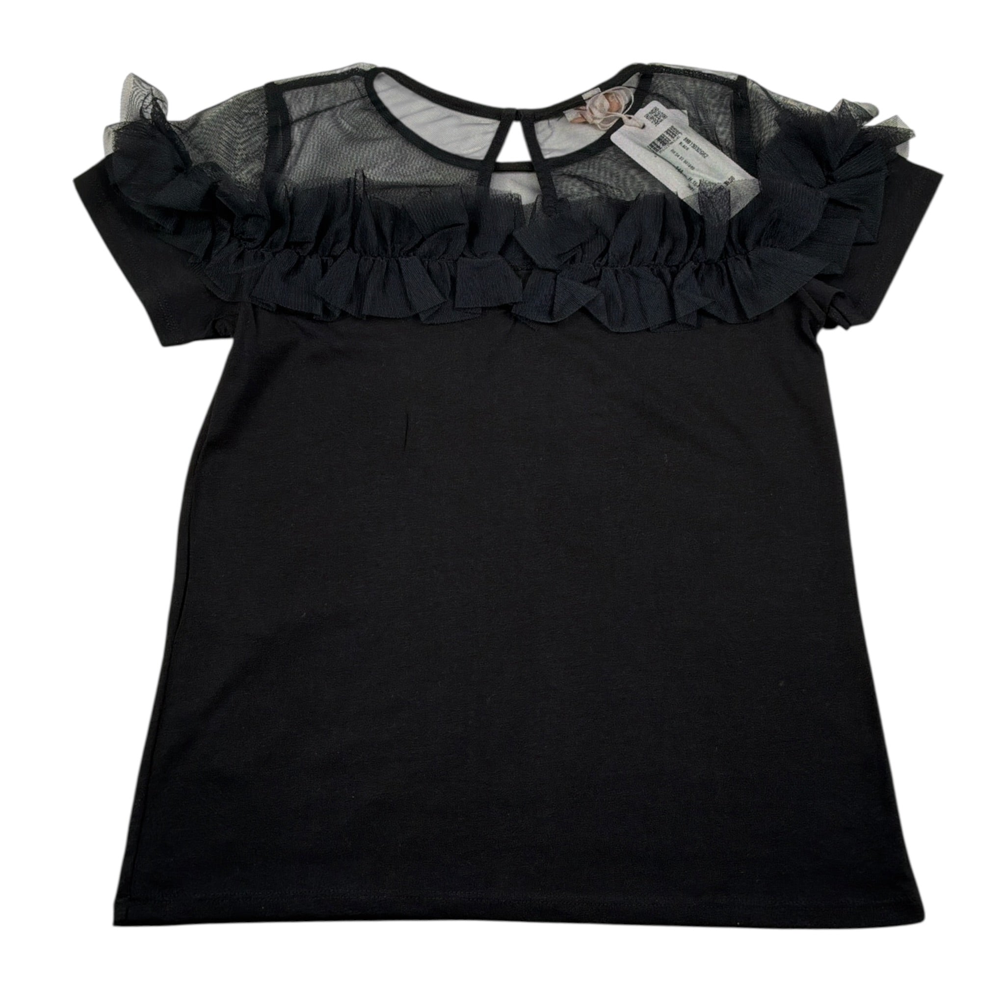 Please T-Shirt tinta unita con Trasparenze Nero per Bambina MB15032G62 NERO PLEASE 