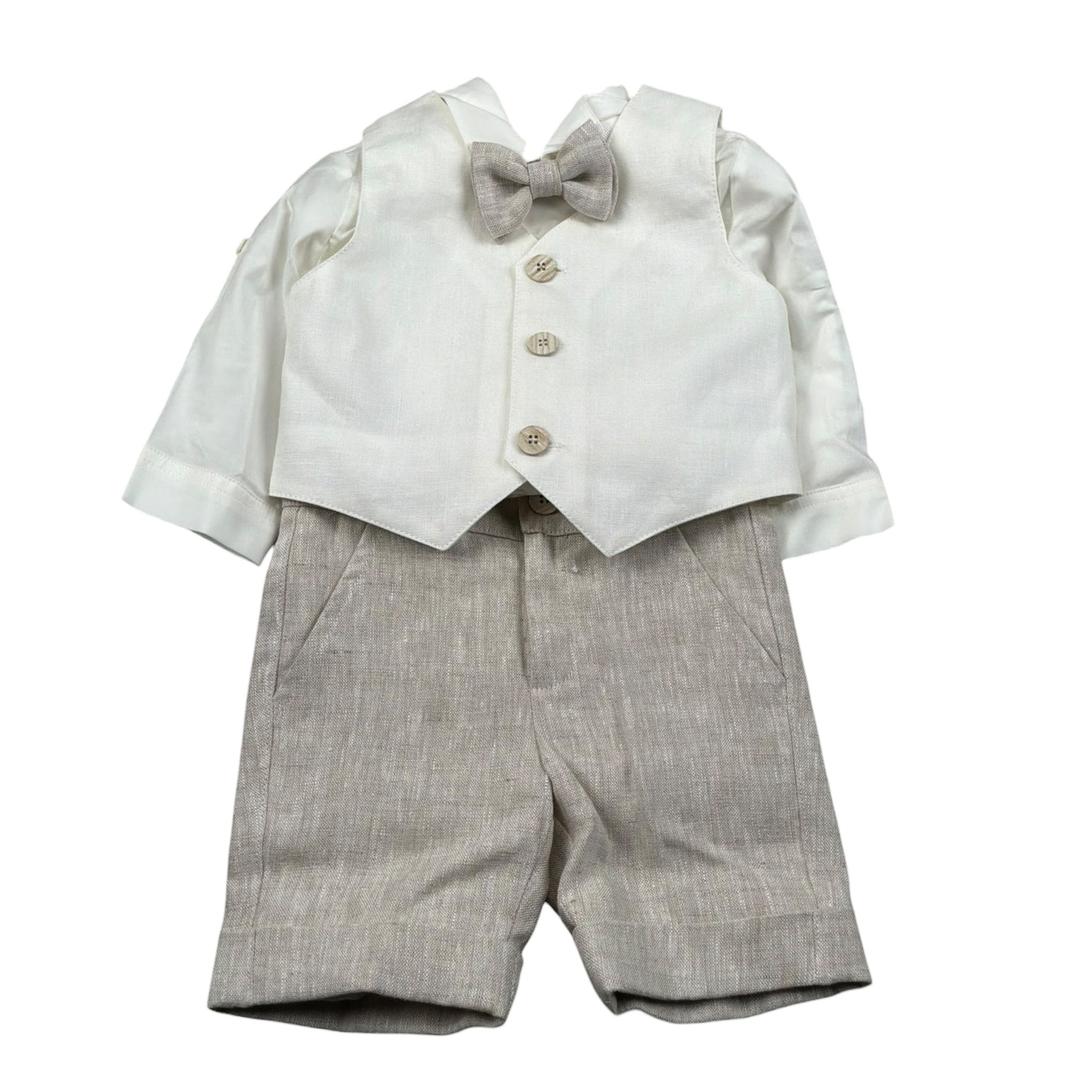 Pure Firenze Completo 4 Pezzi Camicia-Gilet-Bermuda-Papillon Panna/Beige per Neonato 110888 PANNA/BEIGE PURE FIRENZE 