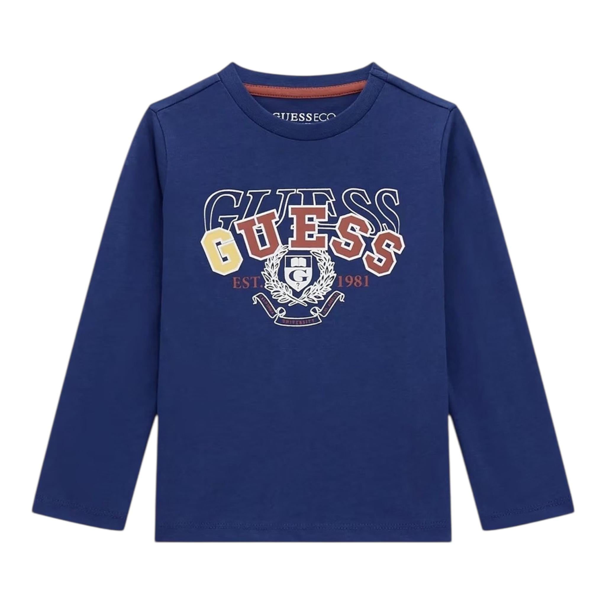 Guess Shirt Girocollo Tinta Unita con Stampa per Bambino N5RI01K8HM4J BLU GUESS 