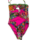 4Giveness Solid Color One Piece Swimsuit With Black Floral Pattern For Girls