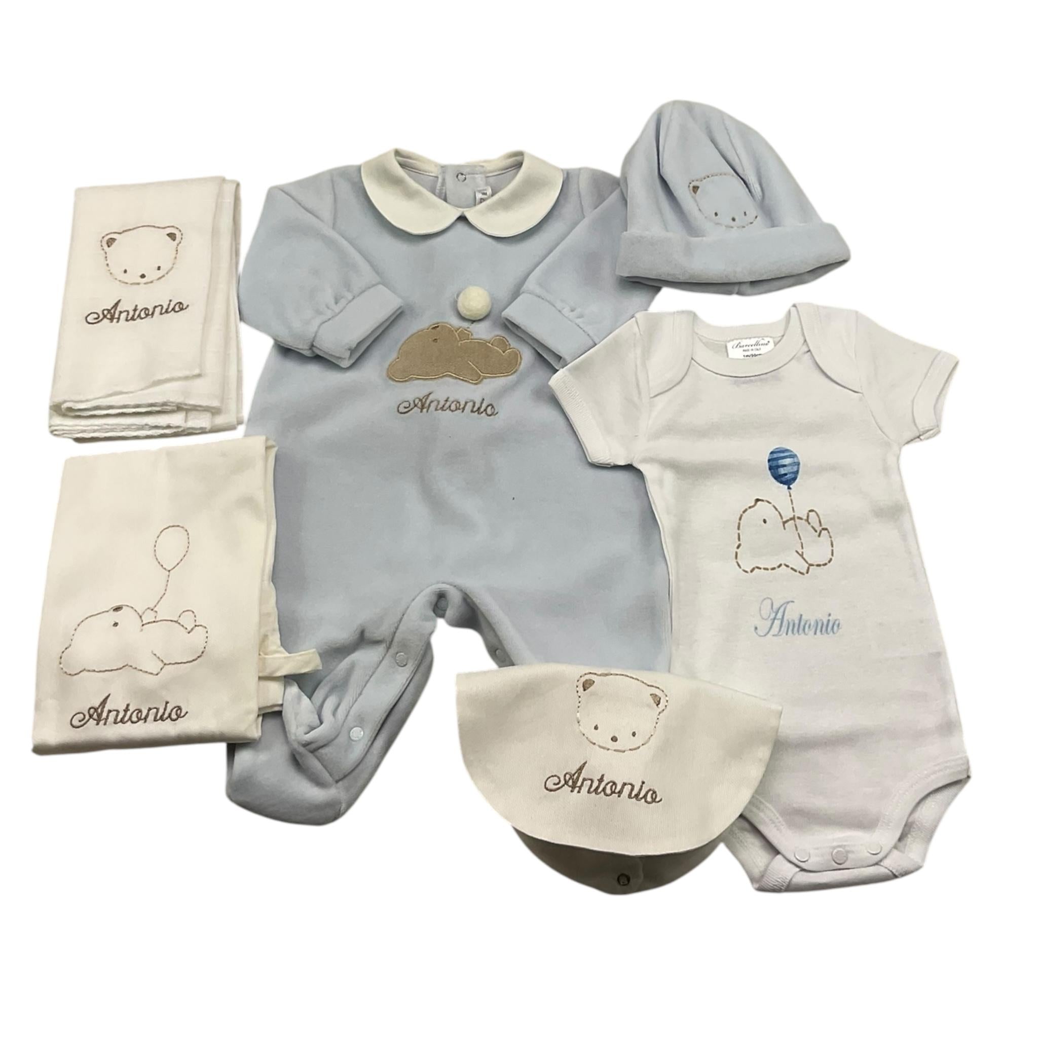 BARCELLINO completo personalizzato con nome 6 pezzi Azzurro/bianco per Neonato COMBRCR AZZURRO/BIANCO BARCELLINO 