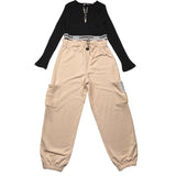 Minimal Complete 2 Piece Two-Tone Black/Beige Shirt-Pants Set For Girls