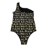 Balmain One Piece Swimsuit Solid Color with Contrast Prints Black for Girls