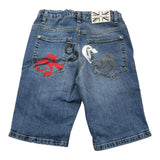 John Richmond Solid Color Denim Bermuda Shorts With Retro Print And Adjustable Waistband Blue For Boys