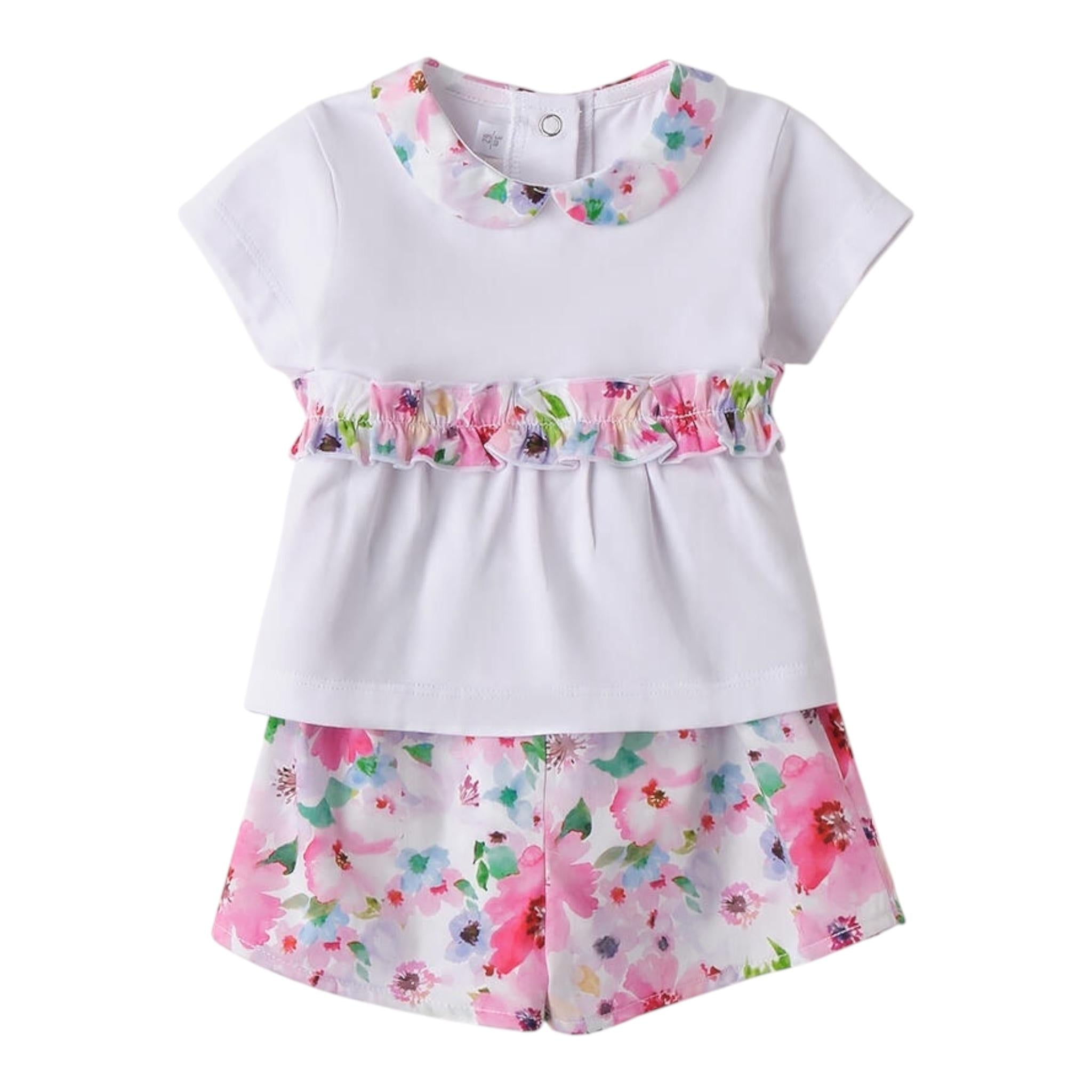 Minibanda Completo 2 Pezzi Short-T-Shirt Tinta Unita con Stampa Fiori per Neonata 3B787 BIANCO MINIBANDA 