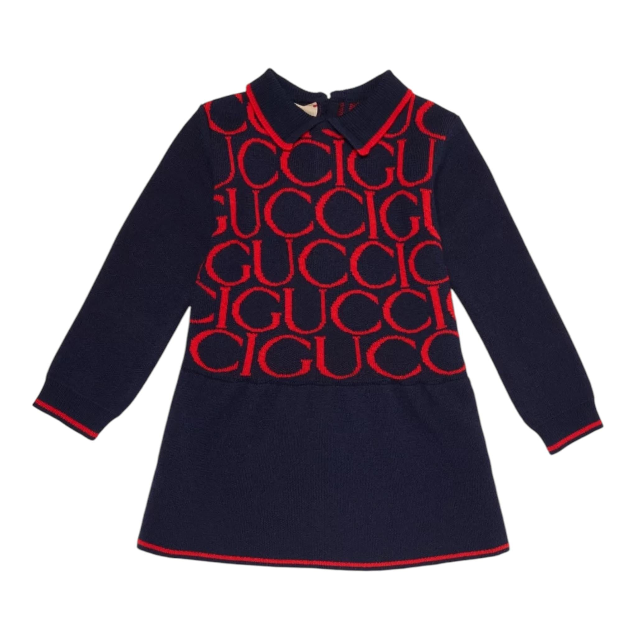 GUCCI abito manica lunga in maglia tinta unita con loghi Blu per Neonata 788080 BLU GUCCI 