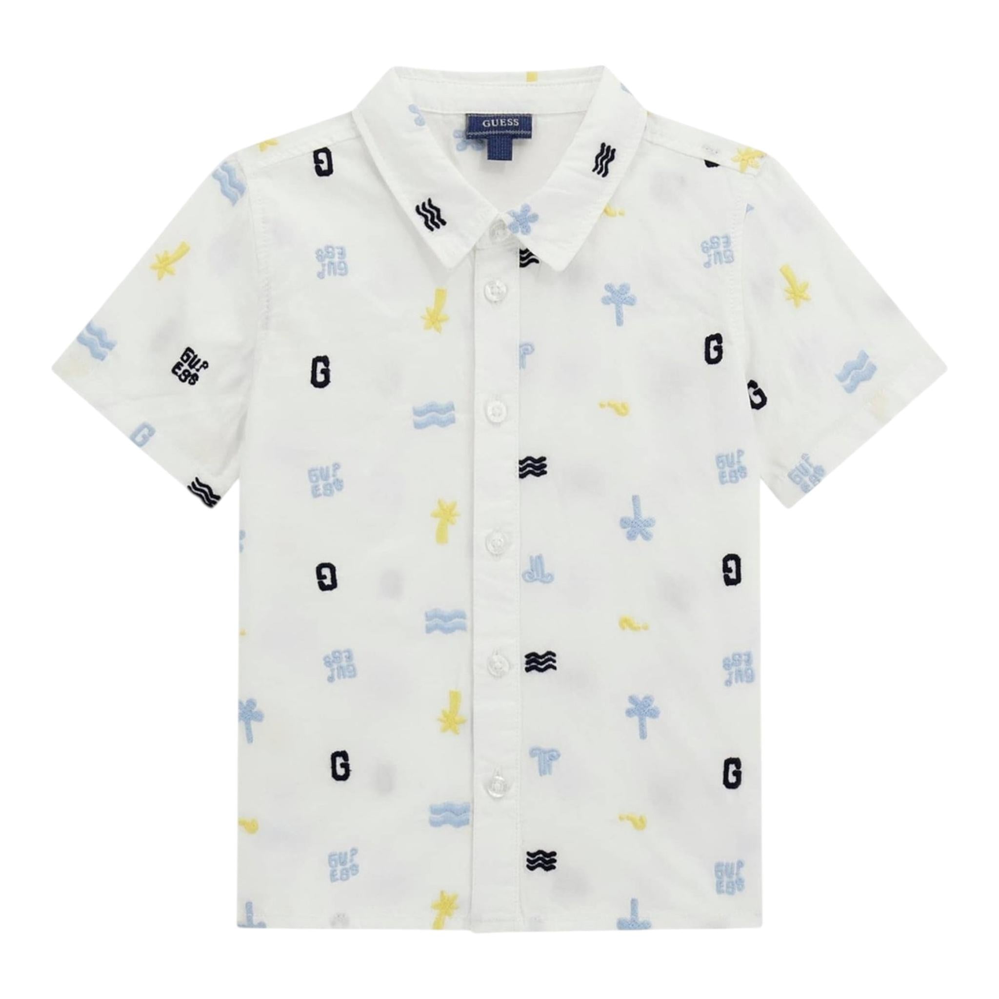 Guess Camicia Mezza Manica Tinta Unita con Stampe per Bambino N5GH01WBHQ1 BIANCO GUESS 