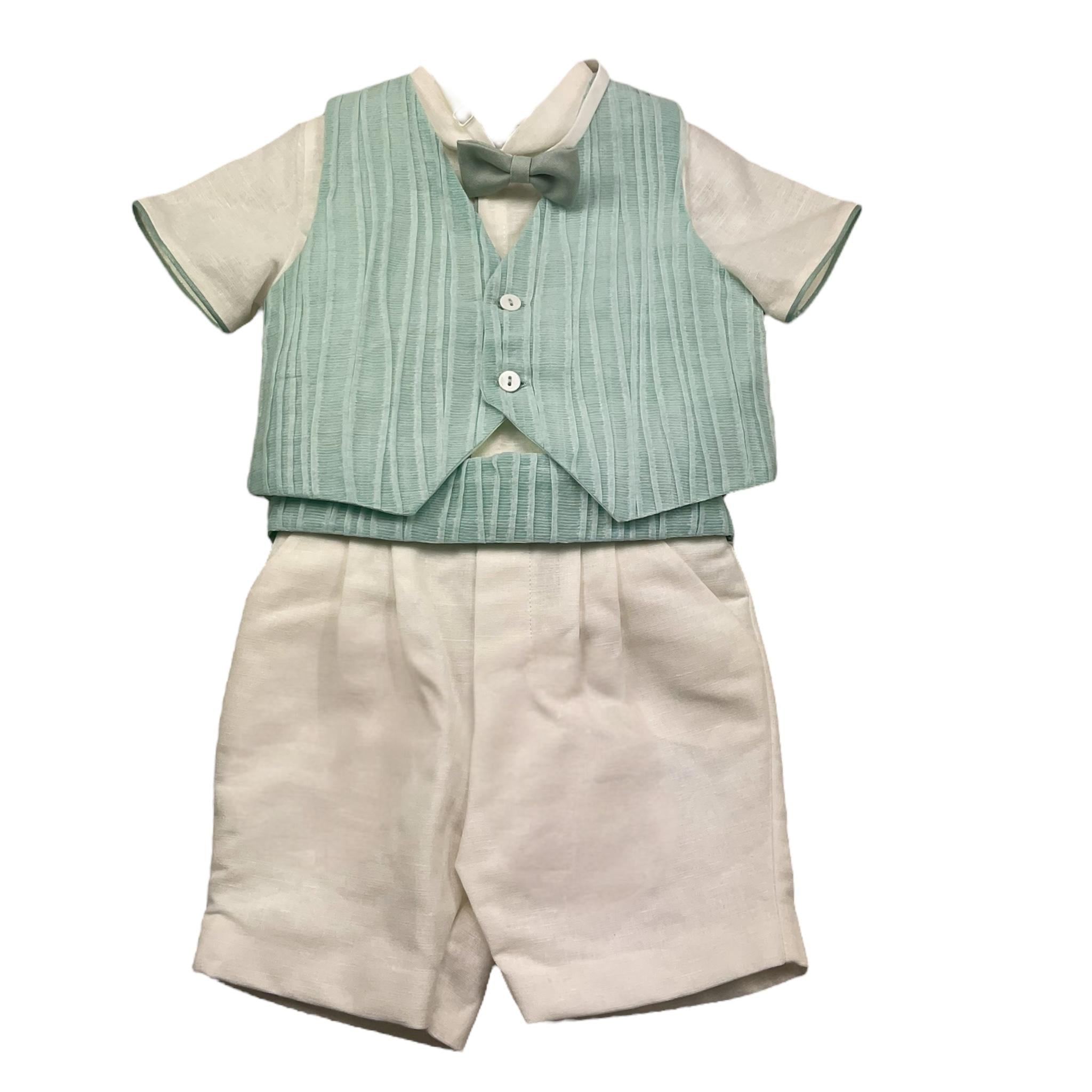 Pontoporponto Completo 4 Pezzi Camicia-Bermuda-Gilet-Papillon per Neonato 6120 BIANCO/VERDE ACQUA PONTOPORPONTO 