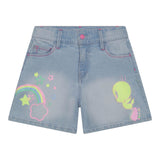 Billieblush Solid Color Denim Shorts with Tweety Bird Print in Light Blue for Girls