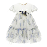 Monnalisa Solid Color Dress Half Sleeve With Tulle And White Flower Pattern For Baby Girl