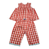 Ilfarobimbi Complete Tank Top-Pants Solid Color With Red Check Pattern For Girls