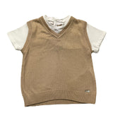 Le Bebe' Solid Color Crew Neck T-Shirt With Faux Knit Vest White/Beige For Newborns
