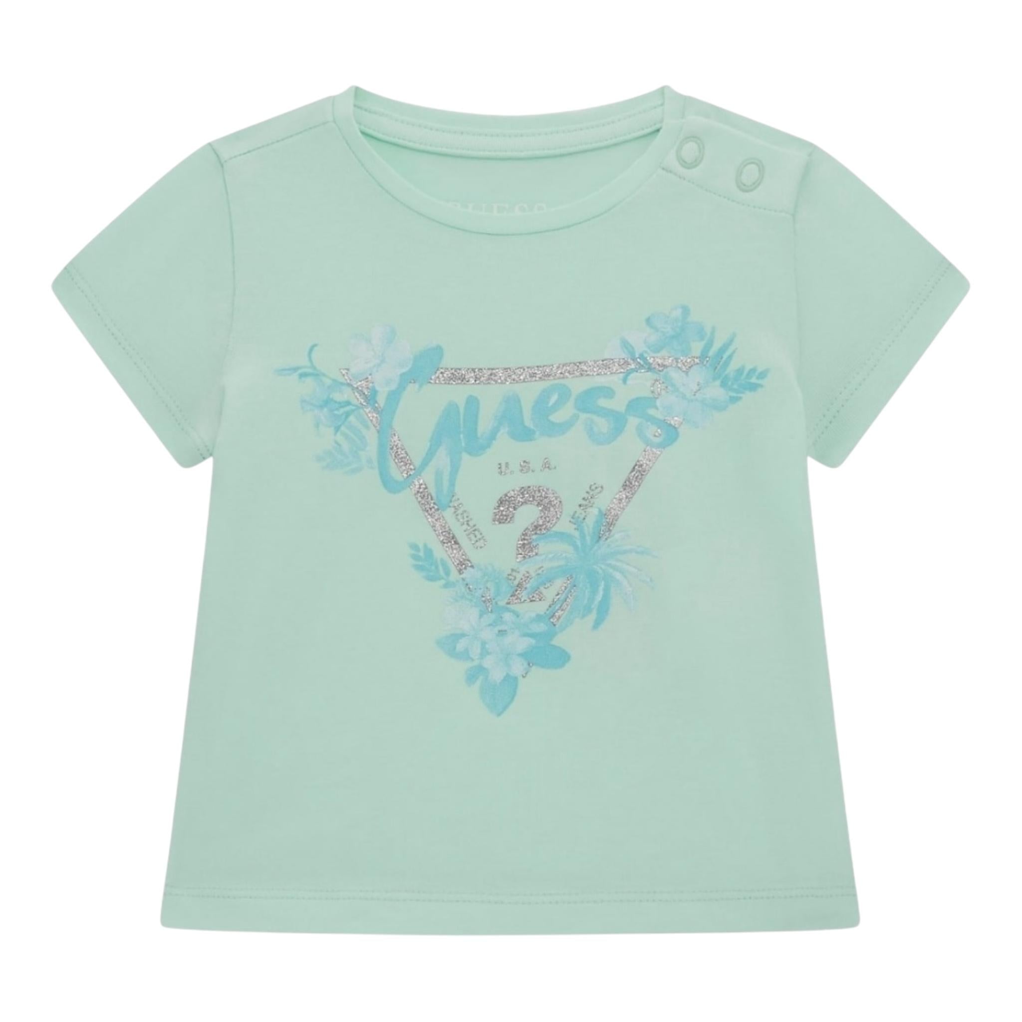 Guess T-Shirt Girocollo Tinta Unita con Stampa per Neonata A5GI03K6YW4X VERDE ACQUA GUESS 