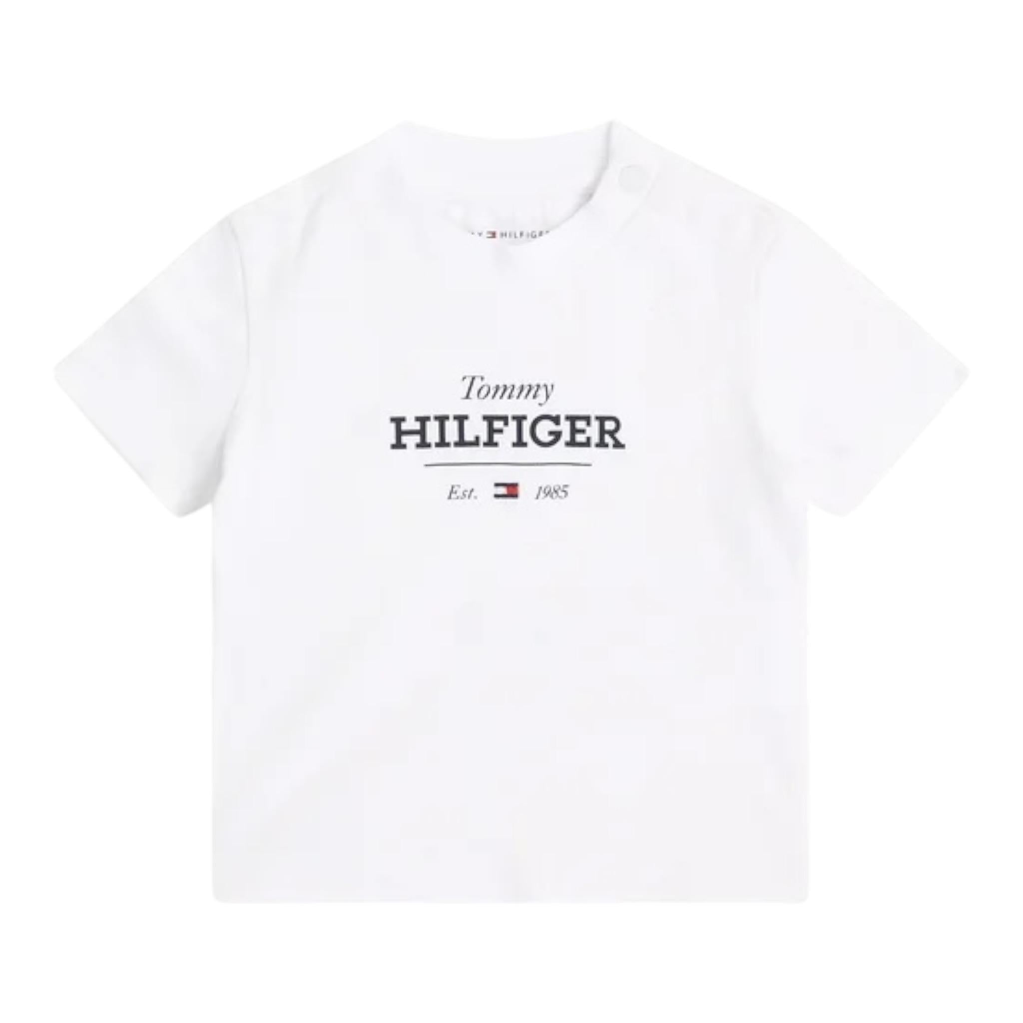 Tommy Hilfiger T-Shirt Girocollo Tinta Unita con Logo per Neonato KN0KN02033 BIANCO TOMMY HILFIGER 