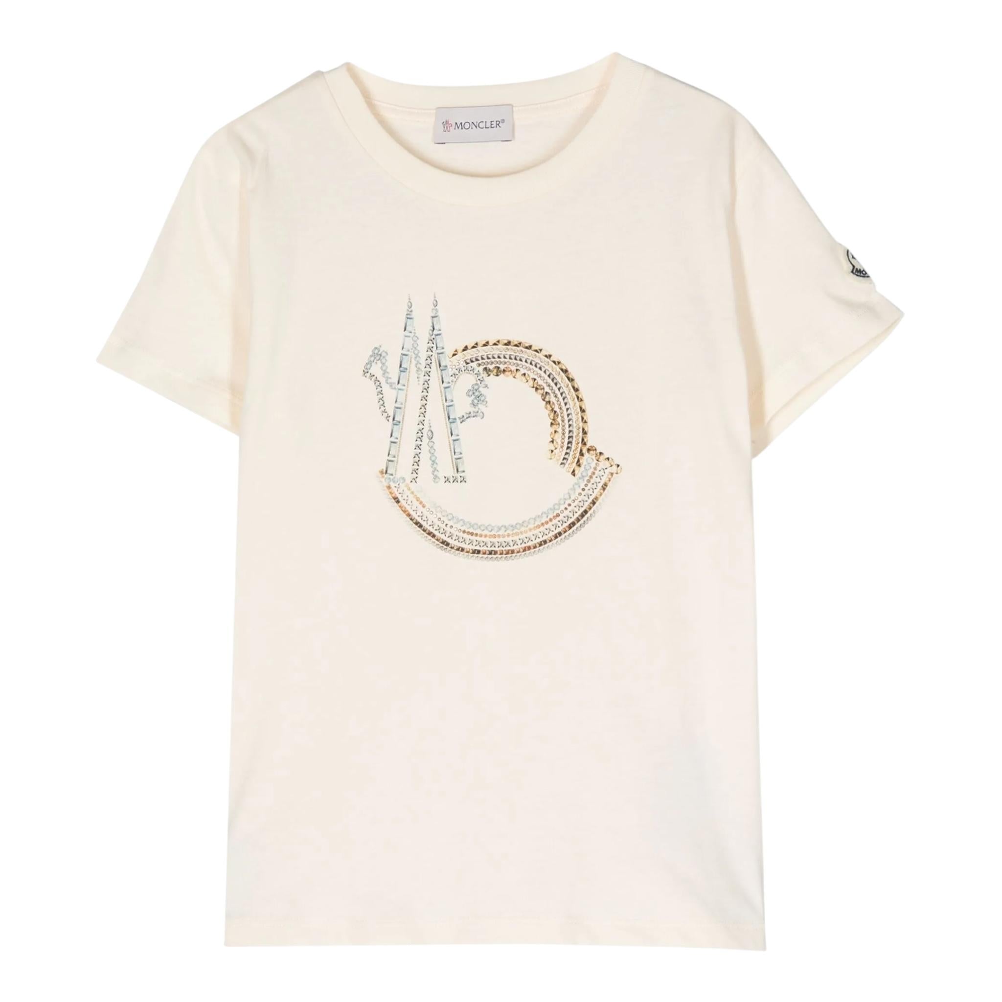 Moncler T-Shirt Girocollo Tinta Unita con Logo per Bambina 8C00026 AVORIO MONCLER 