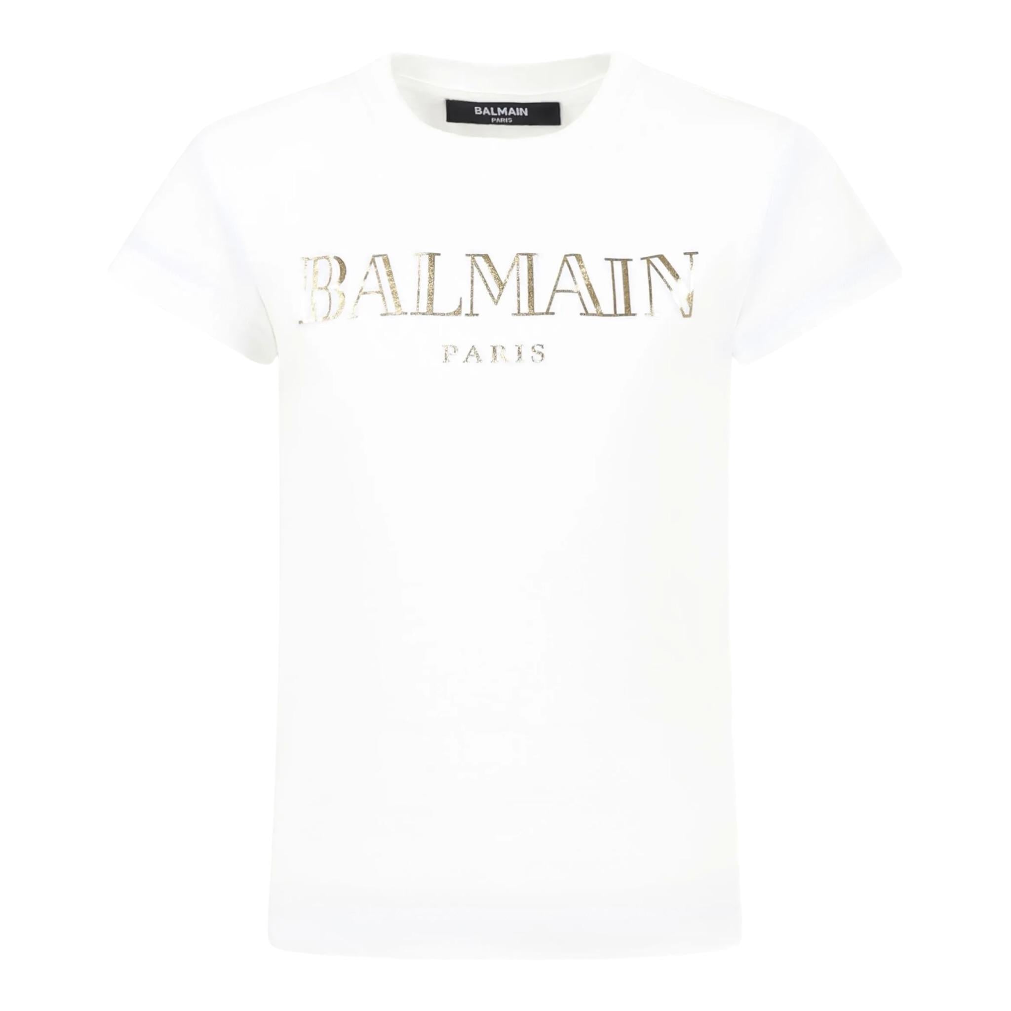 Balmain T-Shirt Girocollo Tinta Unita con Logo per Bambina BW8A911X BIANCO BALMAIN 