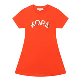 Michael Kors Orange Logo Print Crew Neck Solid Half Sleeve Dress For Girls