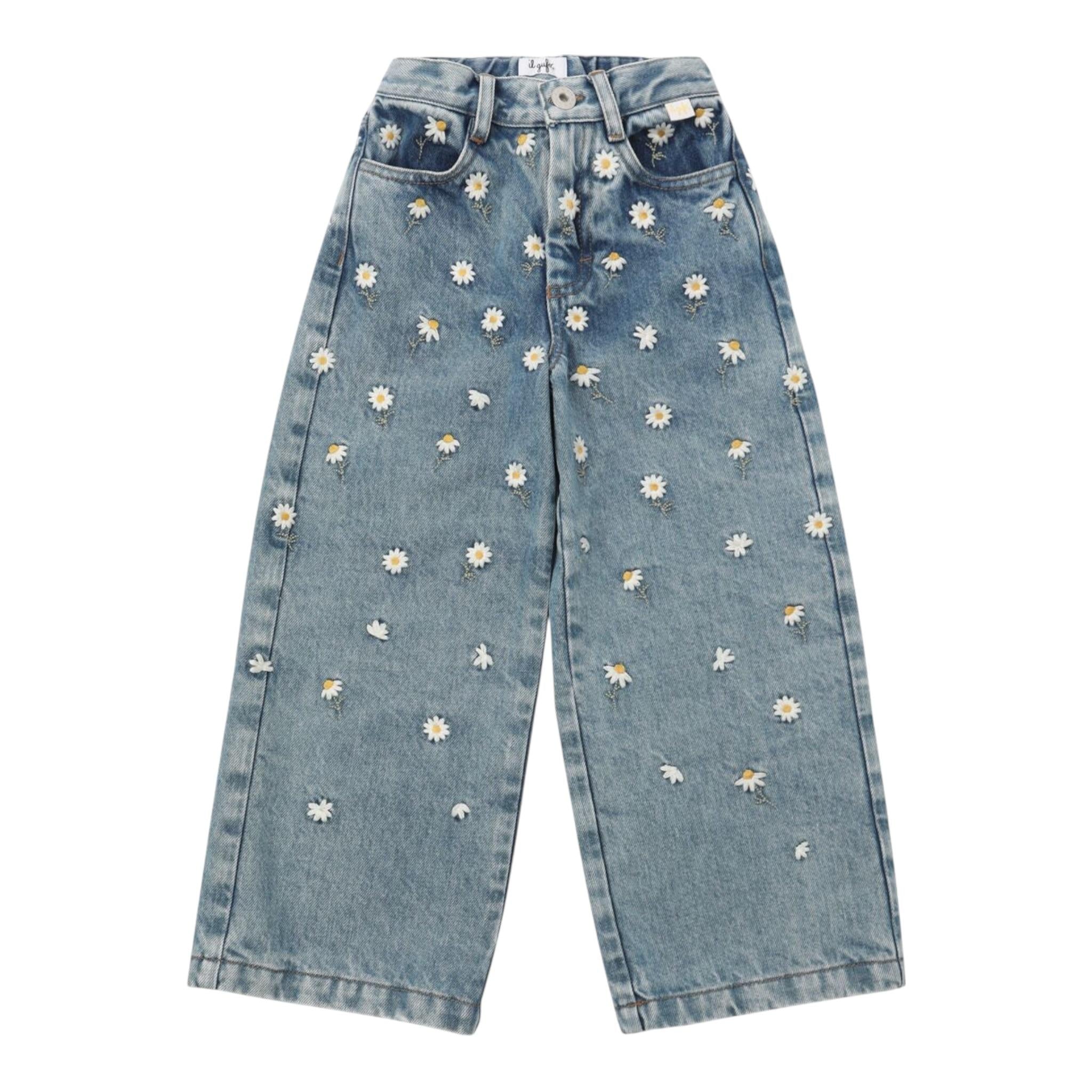 Il Gufo Jeans Tinta Unita Modello Palazzo con Ricami per Bambina P25PL453J0052X AZZURRO IL GUFO 