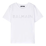 Balmain Solid Color Crew Neck T-Shirt With Glitter Print White For Girls