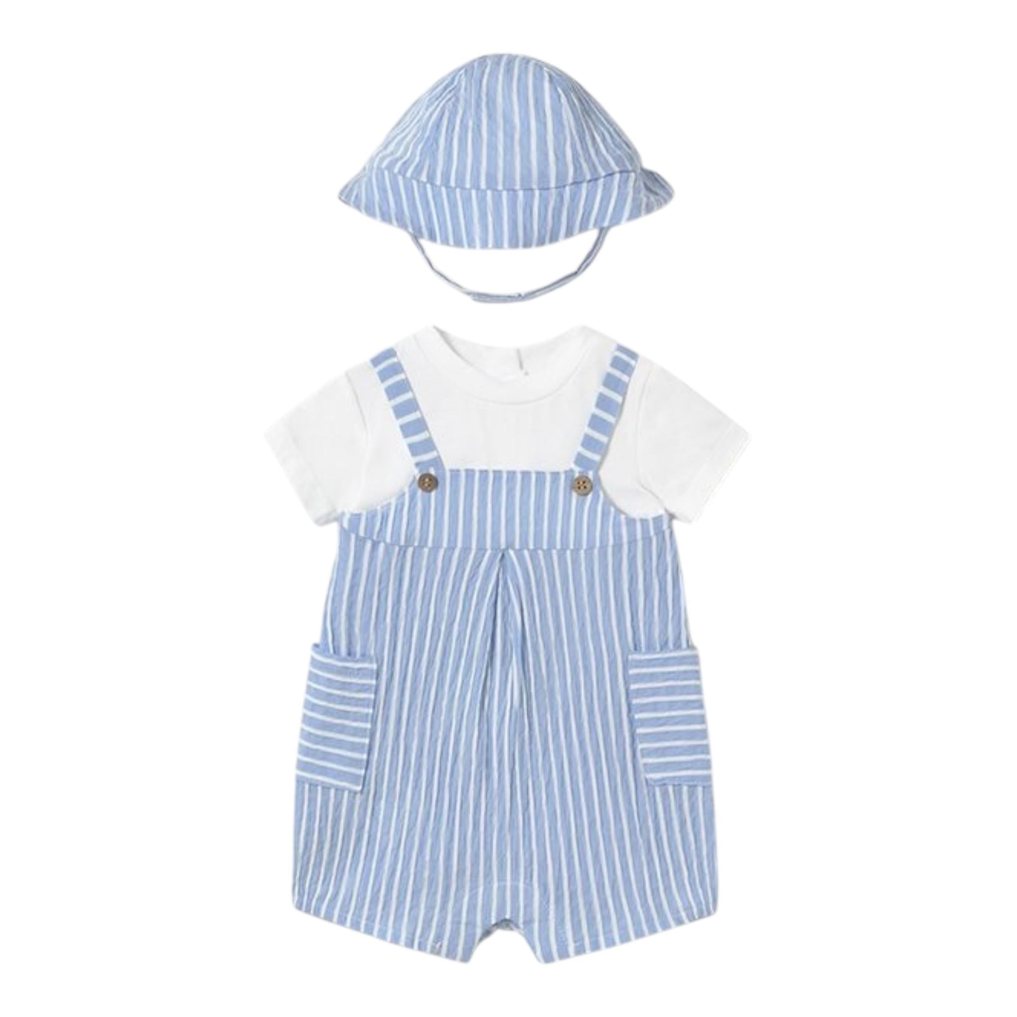 Mayoral Set Pagliaccetto Bicolore con Fantasia A Righe-Cappello per Neonato 1602 BIANCO/AZZURRO MAYORAL 